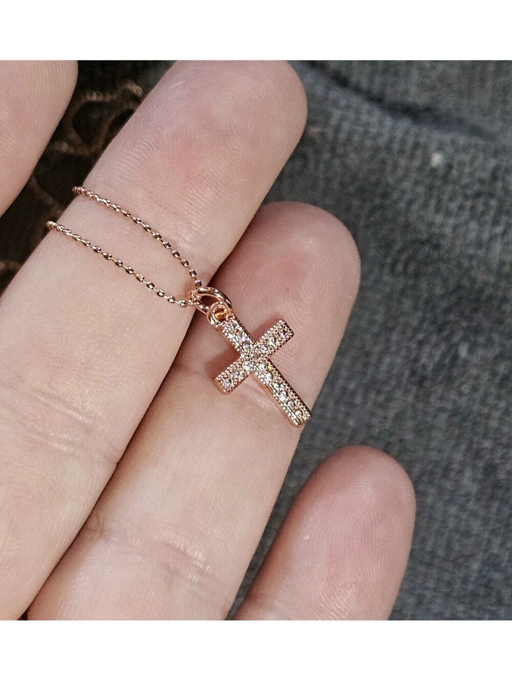 Rose Gold CZ Cross Pendant Dainty 925 Ball Bead Necklace